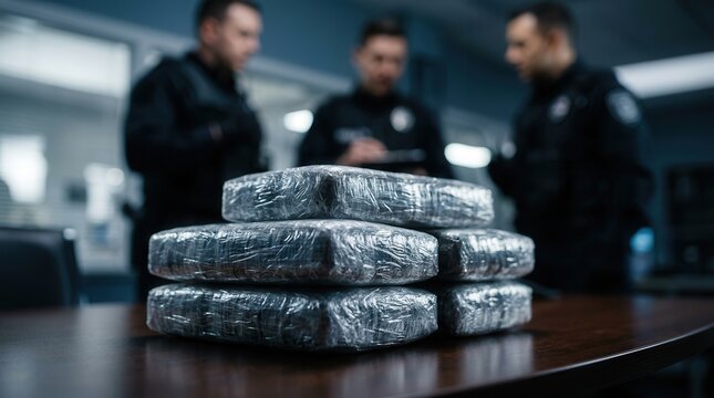 Crime investigation concept showing a stack of illegal drug packages and law enforcement officers.