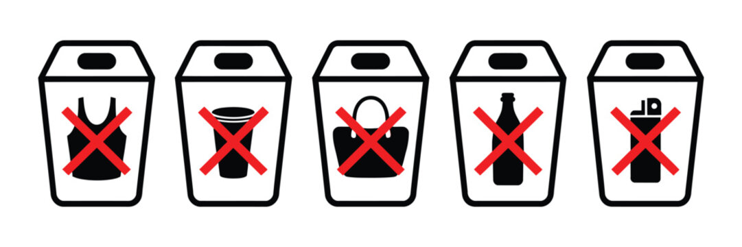 Waste prohibition signs, garbage bin restriction for plastic, liquids, and general trash, warning symbols for proper waste segregation