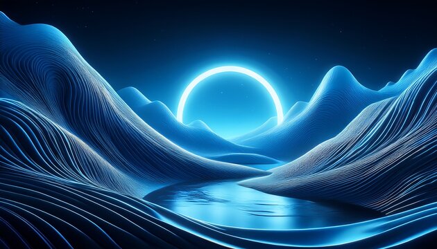 abstract blue desktop wallpaper background with snow mountains and neon light circle round line water waves dark black blue theme