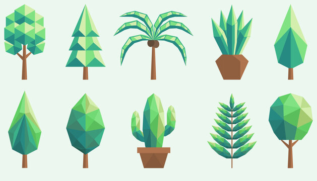 Set of abstract polygonal tree icons on light background for eco, nature, and environment design