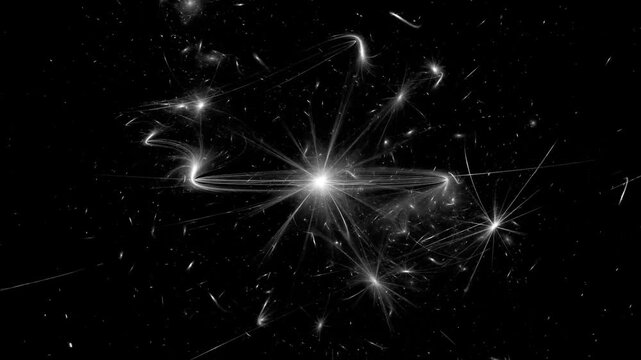 Abstract futuristic atomic structure with glowing light bursts and particles rotating in dark space, monochrome cosmic energy seamless loop animation.