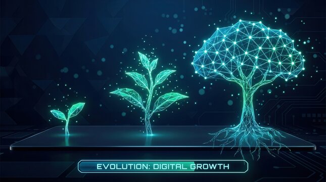 Growth-stage plant icons progressing to a digital tree with neural network nodes symbolizing digital maturity.