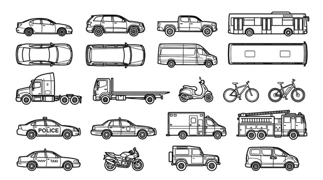 Urban Vehicle and Transport Line Drawing Set with Car SUV Bus Truck Police Ambulance Fire Engine and Bicycle


