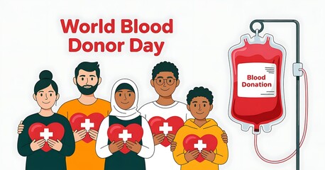 World blood donor day illustration with diverse people and blood bag