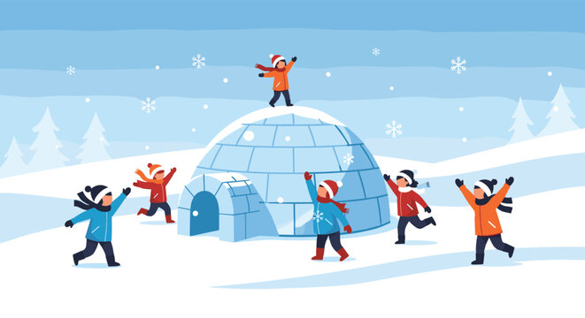 Group of children playing and running in a snowy winter wonderland around a large ice igloo while snowflakes fall gently from the light blue sky.