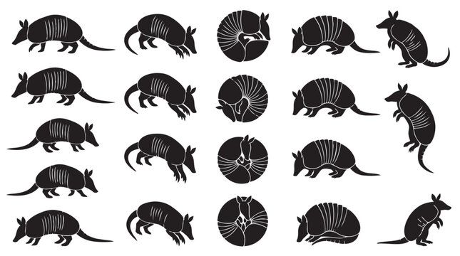 Distressed grunge textured armadillo silhouettes in various action poses with armadillo, silhouette