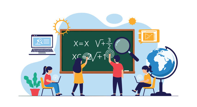 Students learning mathematics in a modern classroom that integrates traditional chalkboard teaching with modern digital tools like laptop computers.
