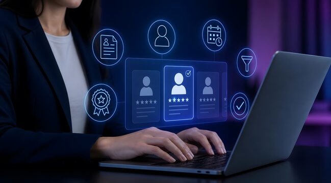 HR recruitment, laptop and woman with digital interface for talent acquisition, hiring process and professional evaluation. Employee search, candidate selection and headhunting for company growth.