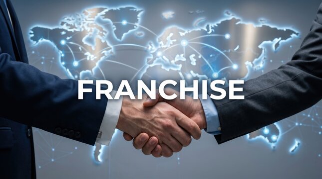 Business handshake over a global network map, representing franchise expansion, international business development, licensing agreements and worldwide brand growth