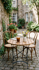 Fototapeta premium Outdoor cafe table with iced coffee and wildflowers in a stone courtyard. Vertical photo of bistro chairs and wooden table on a cobblestone street. Quaint European patio setting
