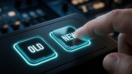 Obraz premium Close up of a person selecting the New button over the Old one to represent progress and future transitions.