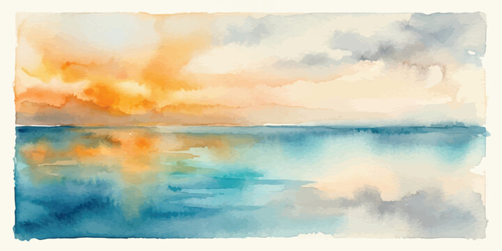 Watercolor painting of a serene sunset ocean horizon with watercolor painting seascape landscape abstract artistic creative tranquil peaceful colorful illustration sunlight reflection