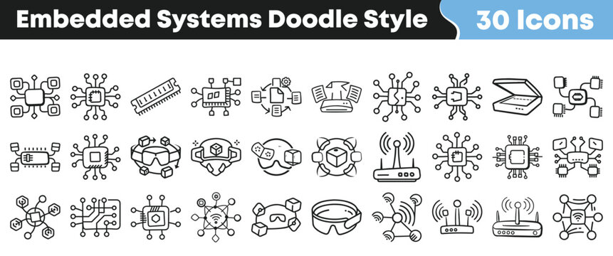 Collection of hand drawn embedded systems icons in doodle style