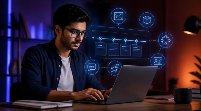 Project management software, man with laptop and digital interface for task planning, business workflow and data visualization. Professional developer, startup and goal setting in home office.