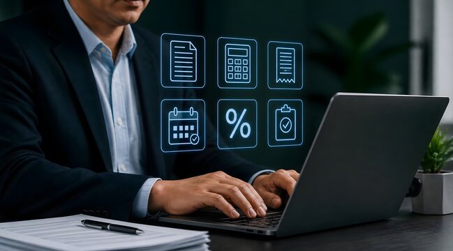 Business, accounting and tax service with man on laptop for financial audit, budget planning and invoice. Professional, corporate and manager with bookkeeping, online banking and digital data.