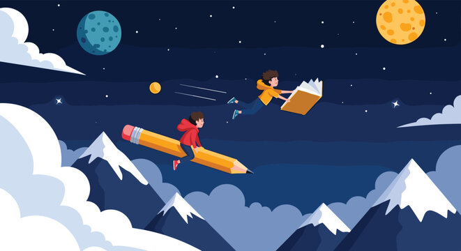 Two imaginative boys flying through a starry night sky over snowy mountains, one riding a giant pencil and the other a flying book.