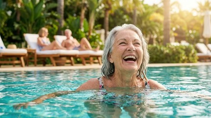 Fototapeta premium Mature couple and friends relax by the poolside at a luxury resort on a sunny day.