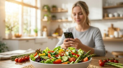 Naklejka premium A woman enjoys a nutritious salad and checks her phone in a bright, sunlit kitchen.
