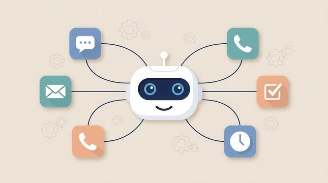Automated customer service concept featuring a chatbot face connected to ticketing and call handling icons.