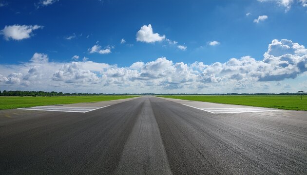 expansive view of a serene and empty airport runway under a bright blue sky with fluffy clouds and lush green fields surrounding the area