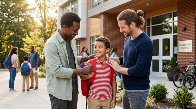 Interracial same-sex fathers adjusting their son's backpack before the first day of elementary school outside the school entrance