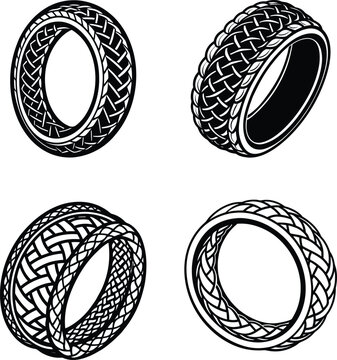 Four circular rings featuring detailed woven celtic knot patterns, interlace