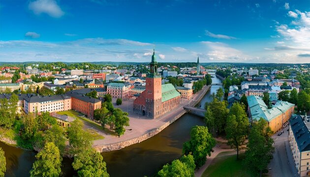 aerial panorama view of the old great square and cathedral of turku with aurojoki river at summer in turku finland