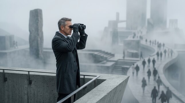 A visionary man looking through binoculars at a crowd of individuals in an ambiguous setting.