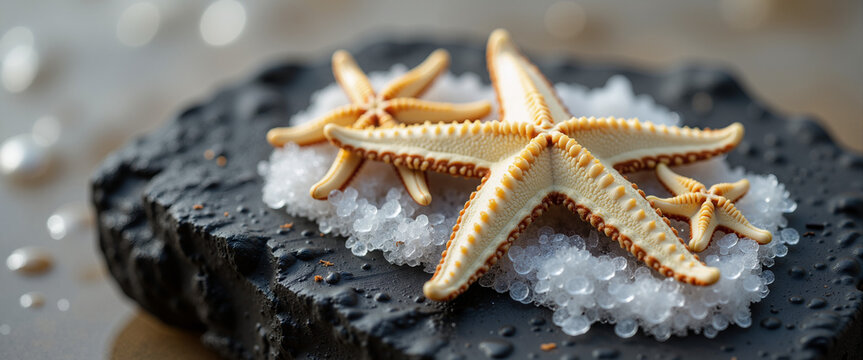 Dried starfish on rock for Fiesta de la Virgen del Carmen. Coastal decoration and maritime symbol for blogs, websites, postcards, stationery design, travel, and natural lifestyle concepts