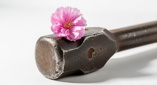 Flor delicada repousa sobre marreta de ferro pesada e desgastada, destacando o contraste entre a natureza suave e o metal industrial bruto, hammer, craftsmanship, background