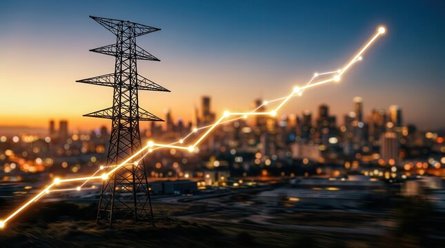 An electricity pylon stands before an urban backdrop symbolizing energy demand and progress.