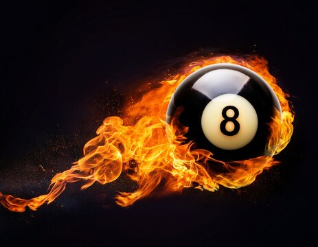 burning black eight billiard ball on fire with flame tail on dark background sport motion and action photography for wallpaper poster or logo