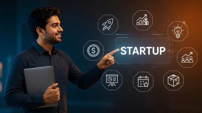 Startup, business and man with technology interface for innovation, growth and entrepreneurship. Professional, future and success with icons, digital planning and launching new company venture.