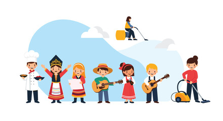 Fototapeta premium Diverse group of children dressed in different costumes and roles including a chef, folk dancer, musician, and cleaning worker.
