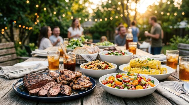 Delicious grilled meats and fresh corn on the cob served with colorful salads at a summer backyard barbecue.
