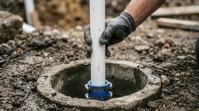 Professional plumber installing a vertical sump pump pipe into a basin during an emergency repair.