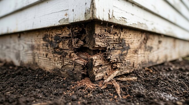 Close up of termite damage on wood foundation with exposed soil.