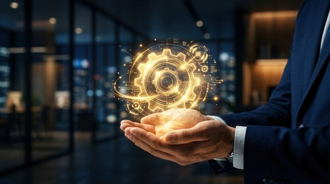 A glowing gear icon symbolizes how organizations create impact and outcomes through improved services.