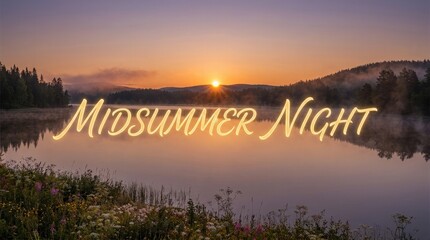 Fototapeta premium Midsummer night with serene lake and sunset in background with text overlay