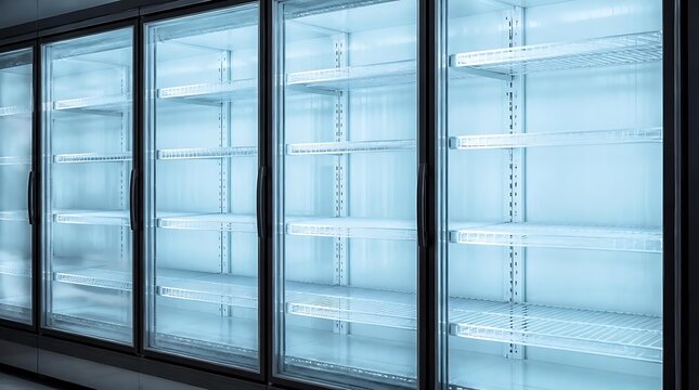 Empty Refrigerated Display Cases in a Grocery Store, Commercial Refrigeration.