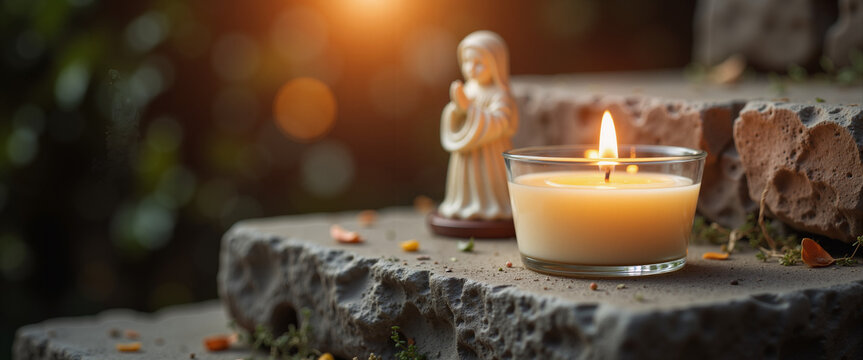 Lit candle before religious icon for Fiesta de la Virgen del Carmen. Catholic prayer and devotion for blogs, websites, postcards, stationery design, spiritual awareness, and meditation guides