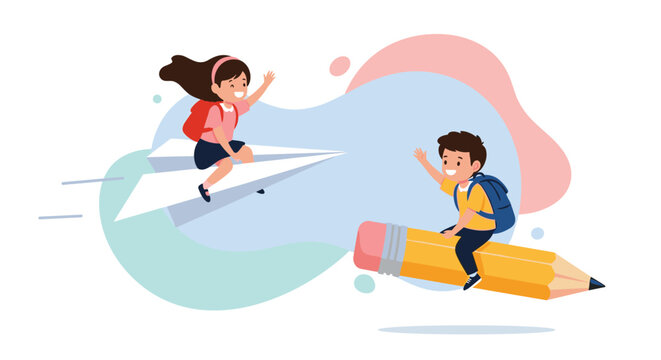 Two happy children flying through the air on a paper plane and a giant yellow pencil with backpacks on their way to school.