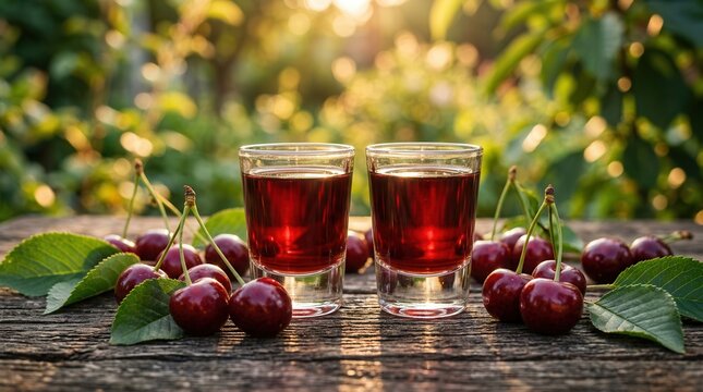 Fresh ripe cherries and green leaves surrounding cherry liqueur in small shot glasses.