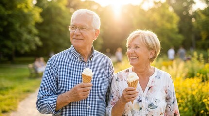 Fototapeta premium Happy elderly couple enjoying a sweet ice cream treat together outdoors.