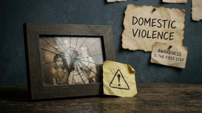 Intimate partner violence prevention and survivor support concept with broken glass and message.