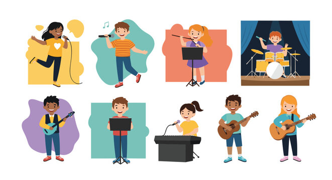 Collection of diverse children playing various musical instruments and singing in individual performance scenes for school or hobby.