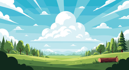 Fototapeta premium Peaceful landscape featuring a green grassy field with trees and a log under a bright blue sky with large fluffy clouds.