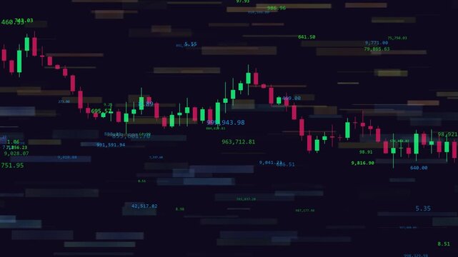 Seamlessly looped animation with candlestick chart, financial metrics and streaming analytics. Abstract stock market animation, perfect background for financial news and forex trading reports. 