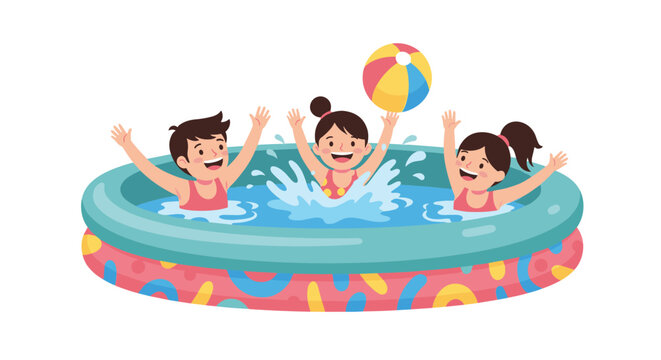 Happy children splashing and playing with a beach ball in a colorful backyard inflatable swimming pool during summer vacation.