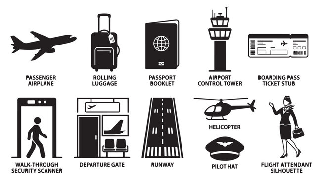 Airport infrastructure and travel essentials icon set with labels check in passport airplane